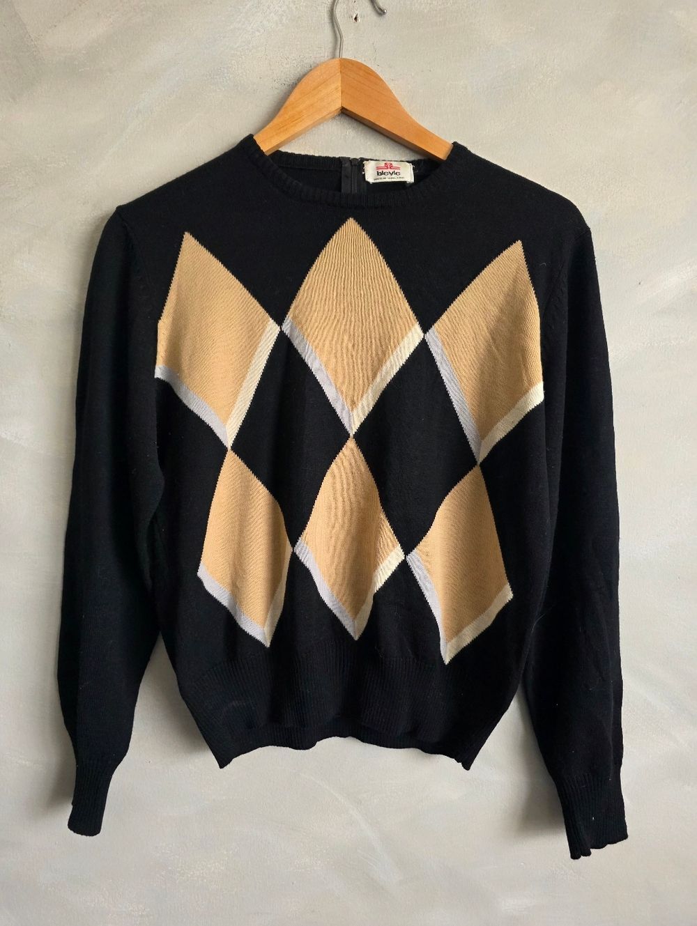 Vintage Merino Wool Knit Argyle Sweater Diamond Colorblock Womens L Flaw